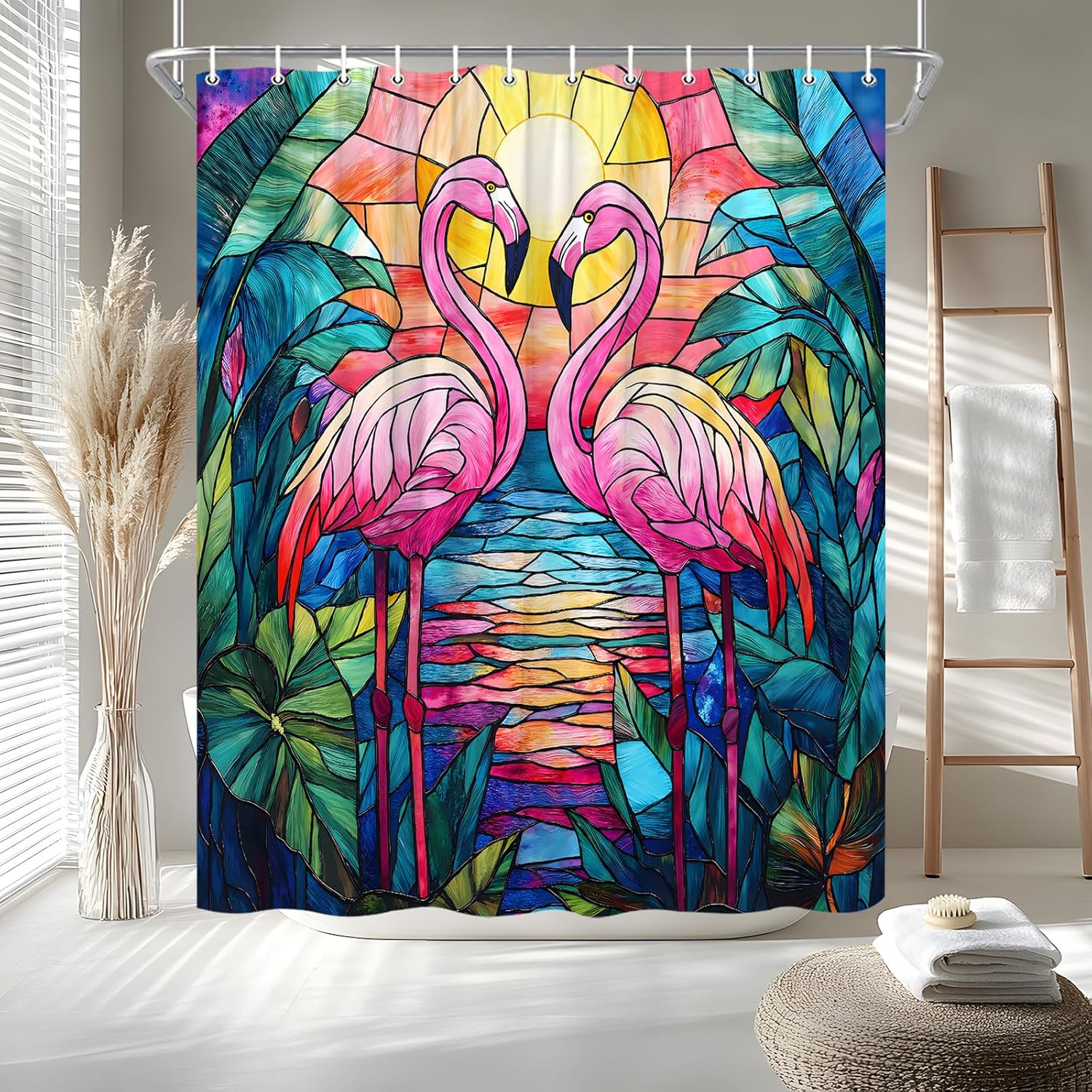 Pink Flamingo Shower Curtain Stained Glass Tropical Palm Leaves Jungle Blue Ocean Beach Summer Coastal Sunset Abstract Landscape Bath Curtain Fabric Bathroom Accessories Decor with Hooks 70W x90L