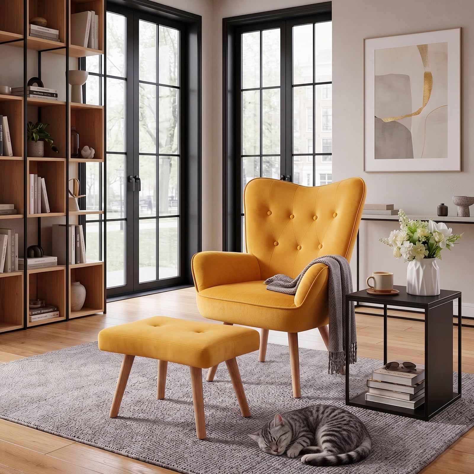 HollyHOME Ohrensessel mit Hocker Sessel mit Hocker Sessel Wohnzimmer & Schlafzimmer Samt Relaxsessel Lesesessel Lounge Sessels Armlehnensessel, Gelb Küche, Haushalt & Wohnen