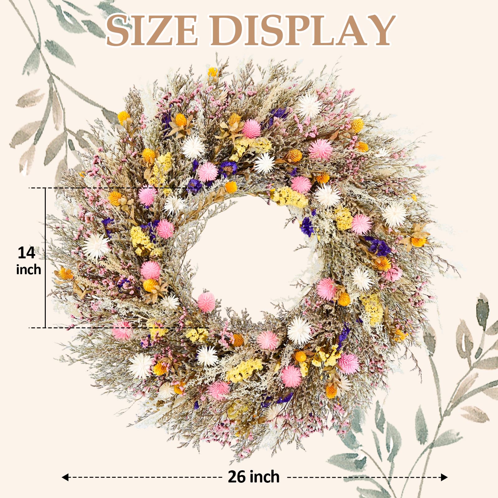 Ghirlanda di fiori conservata da 66 cm, realizzata a mano, con fiori rosa, bianchi, gialli e viola, decorazione rustica in stile bohémien, per porta d'ingresso, parete e matrimonio