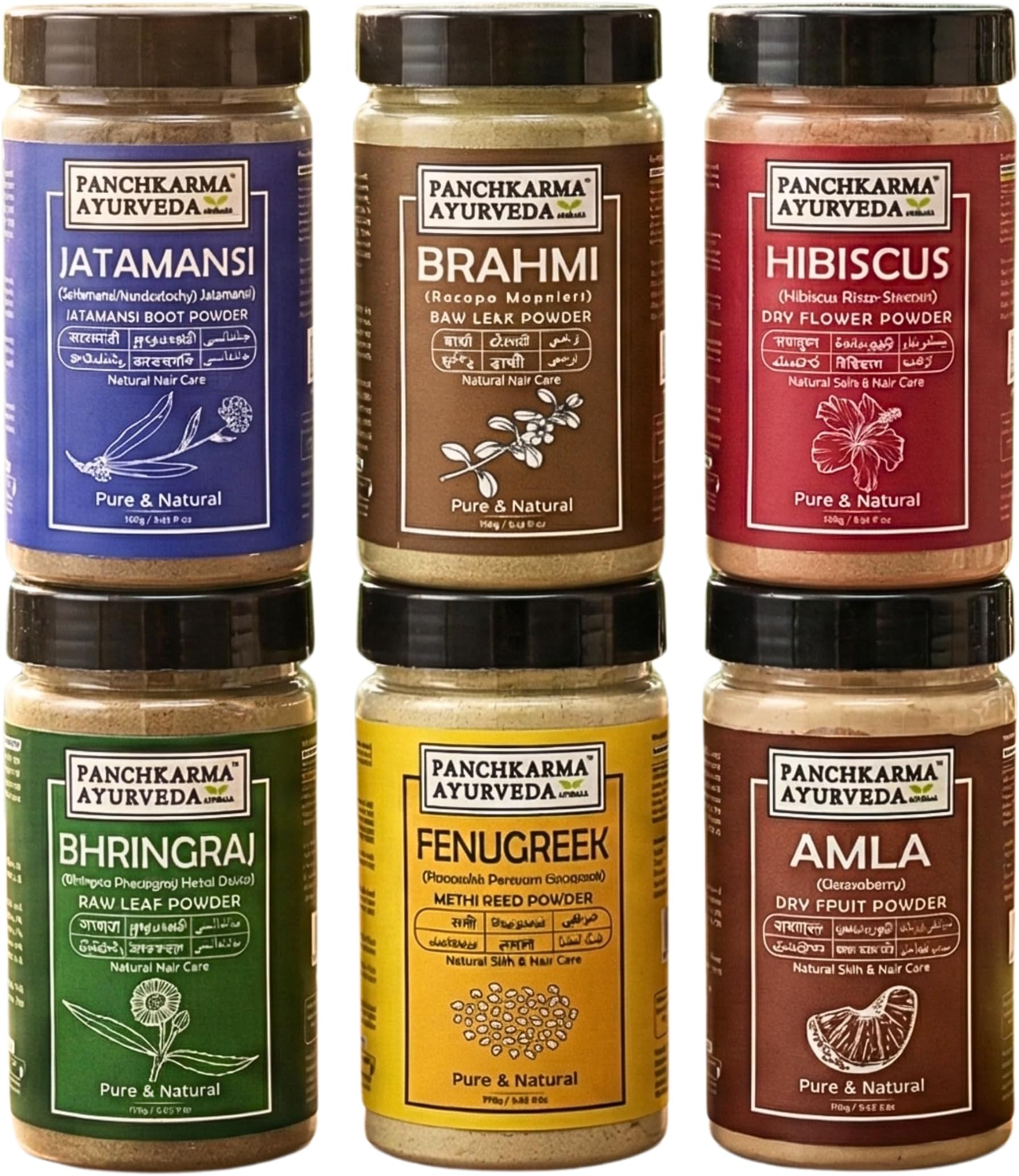 Combo Of 6 Pieces Herbal & Natural Jatamansi Brahmi Hibiscus Bhringraj Fenugreek Amla Powder For Thin Hair, Shine, Anti-Dandruff Hair Pack (100g x 6 Pieces)