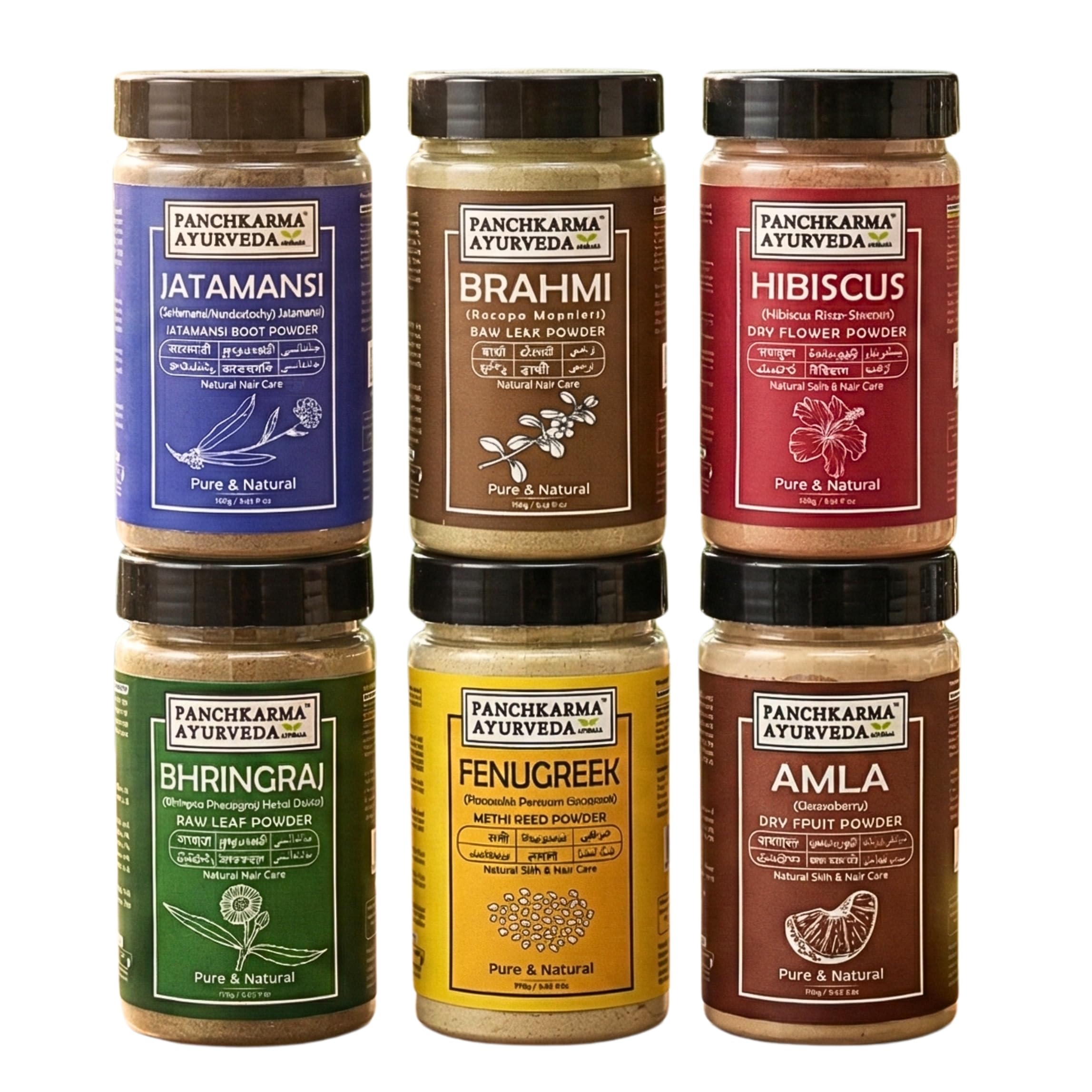 Combo Of 6 Pieces Herbal & Natural Jatamansi Brahmi Hibiscus Bhringraj Fenugreek Amla Powder For Hair Shine Anti-Dandruff Hair Pack (100g x 6 Pieces)