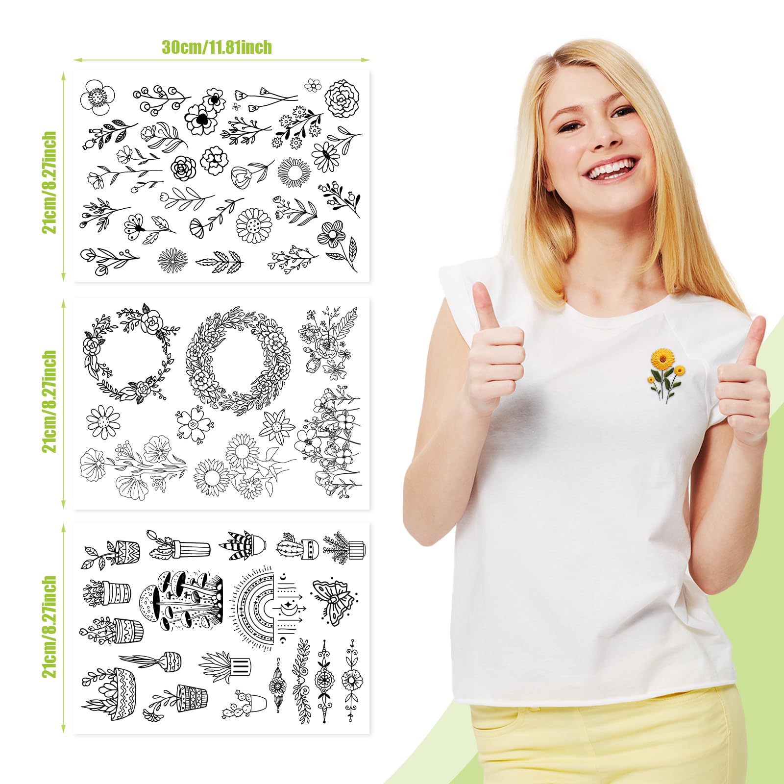 NQEUEPN 3pcs Stick and Stitch Embroidery Paper, A4 Water Soluble Stabilizer for Embroidery Wash Away Embroidery Patterns Tranfer Pre-Printed Flowers for Hand Sewing Beginners Gifts