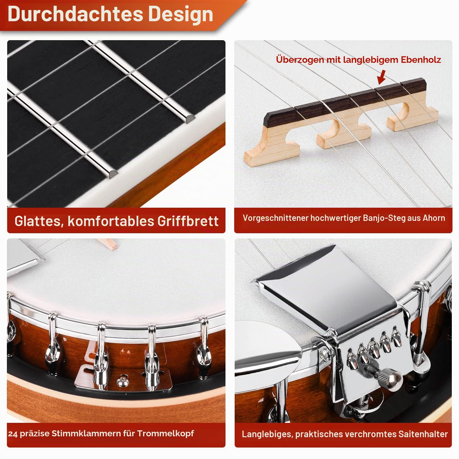 Vangoa 5 Saiten Banjo Remo Kopf geschlossen Solid Back Banjos mit Anfänger Kit, Stimmgerät, Strap, Pick-up, Saiten, Picks und Tasche