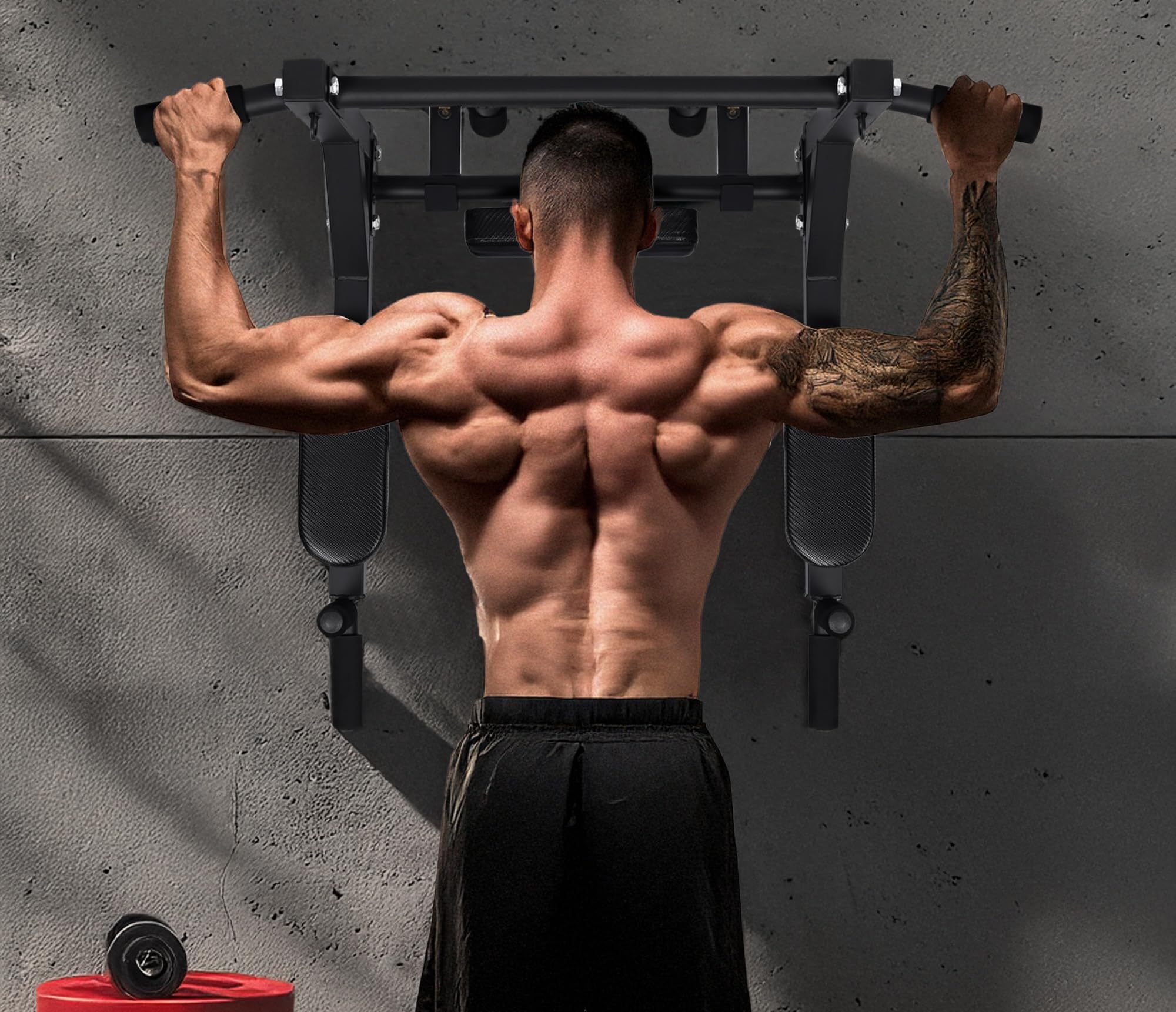 Barra dominadas pared entrenamiento en casa. Doble. Con Gancho para saco boxeo para gomas de entrenamiento. Múltiples agarres. Pull up, dorsales, espalda. Crossfit. Hasta 150kg. Tornillos incluidos..
