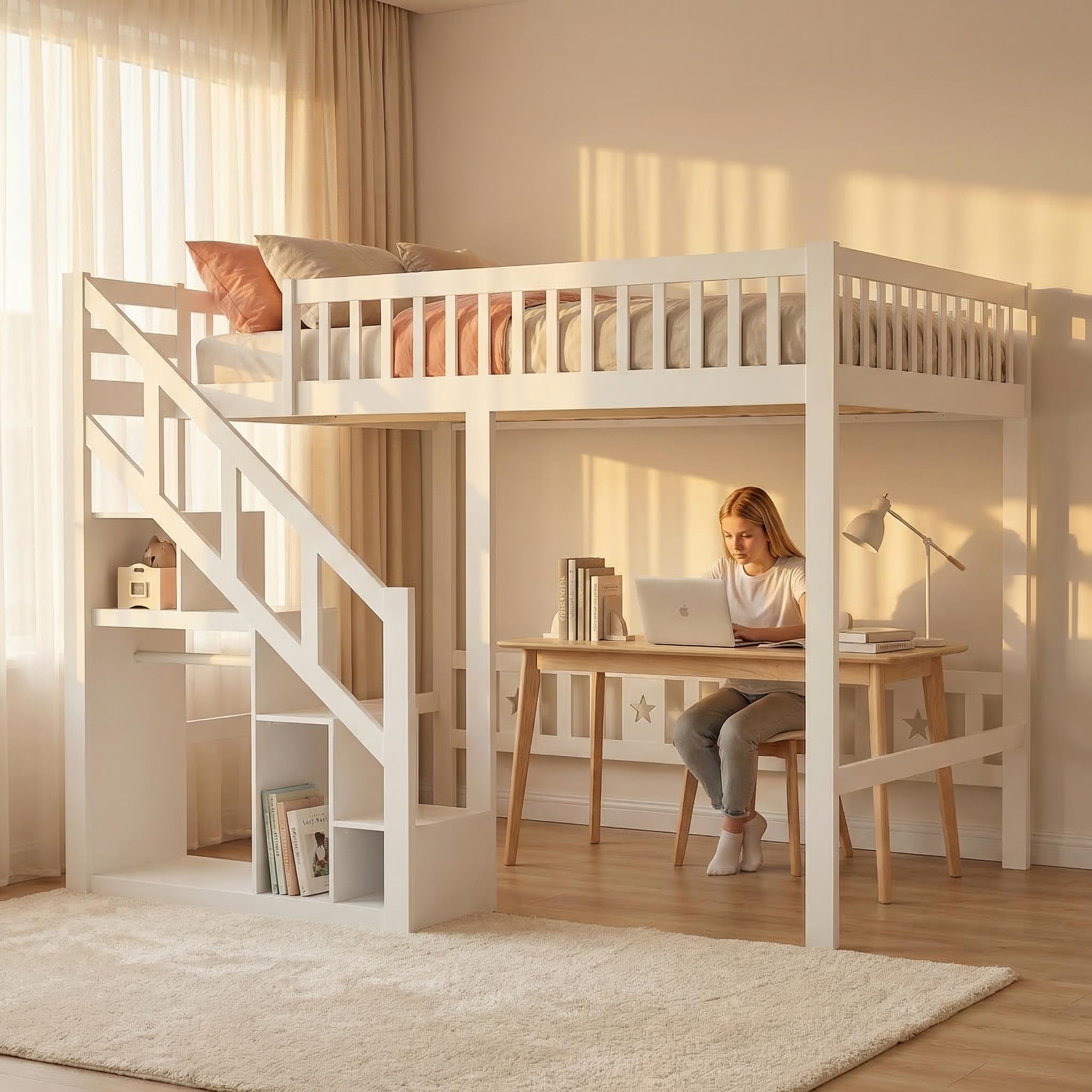 Letto a Soppalco 90x200 per Bambini con Scala Contenitore e Armadio, Letto a Castello in Legno Massello con Protezione Anticaduta, Letto Rialzato Salvaspazio per Cameretta, Bianco