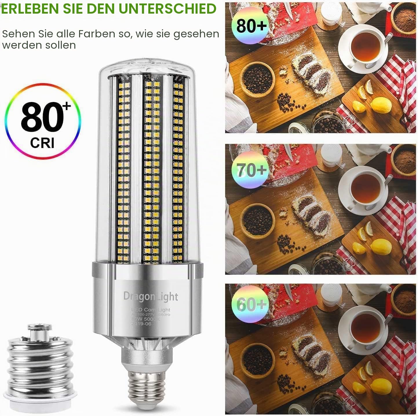DragonLight 80W Superhelle Mais Licht LED Glühbirne(Ersetzt 600Watt) - E27 LED Lampe mit E40 Adapter - 5000K Kaltweiß 9600 Lumens für Großes Gebiet Beleuchtung - Garage Lagerhaus Werkstatt Fabrik Hof