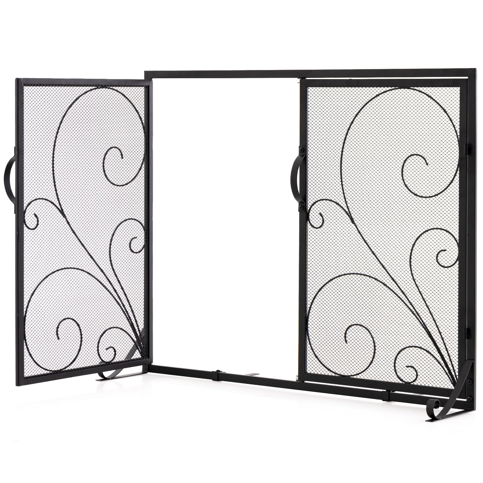 GIANTEX Écran de Cheminée à 2 Portes, Pare-étincelles Pare-feu Cheminée Décoratif en Métal & Maille & Panneaux Magnétiques, Clôture de Cheminée Grille de Protection pour Foyer, Poêle à Bois, Noir