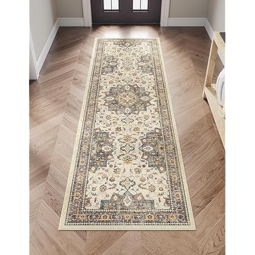 Dripex Kitchen Runner Rug-2x6 Washable Distressed Hallway Runner Oriental Medallion Carpet Non-Slip Non-Shedding Laundry Mat Foldable Thin Entry Throw Area Rug for Living Room Bedroom