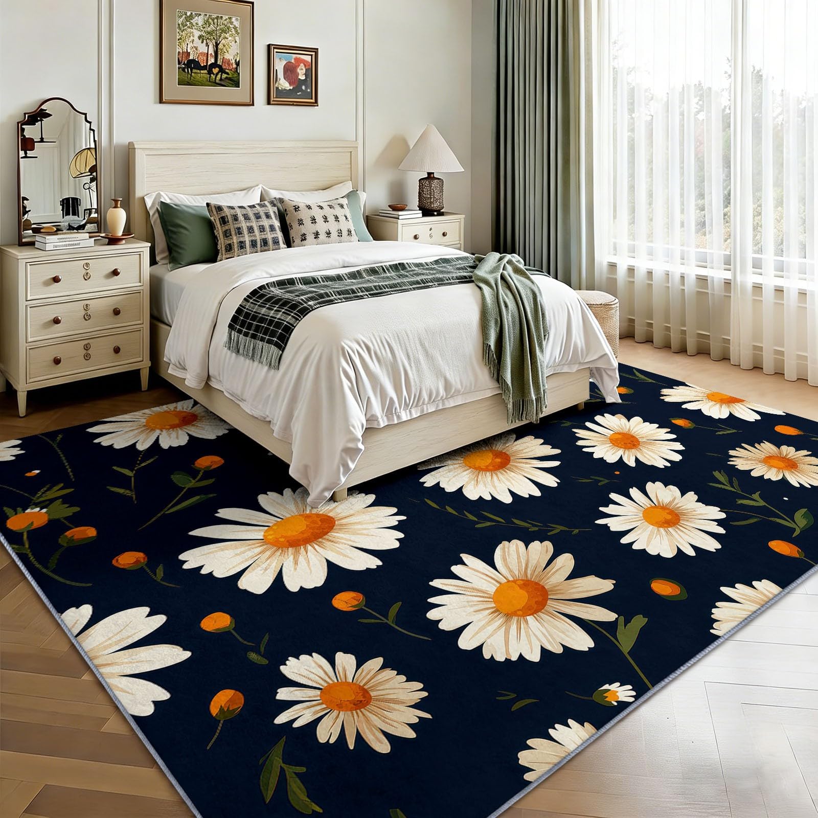 Alfombra de pelo corto 180 x 240 cm Planta Margaritas Alfombra de salón Minimalismo suave antideslizante moqueta para entrada interior entrada pasillo vestíbulo