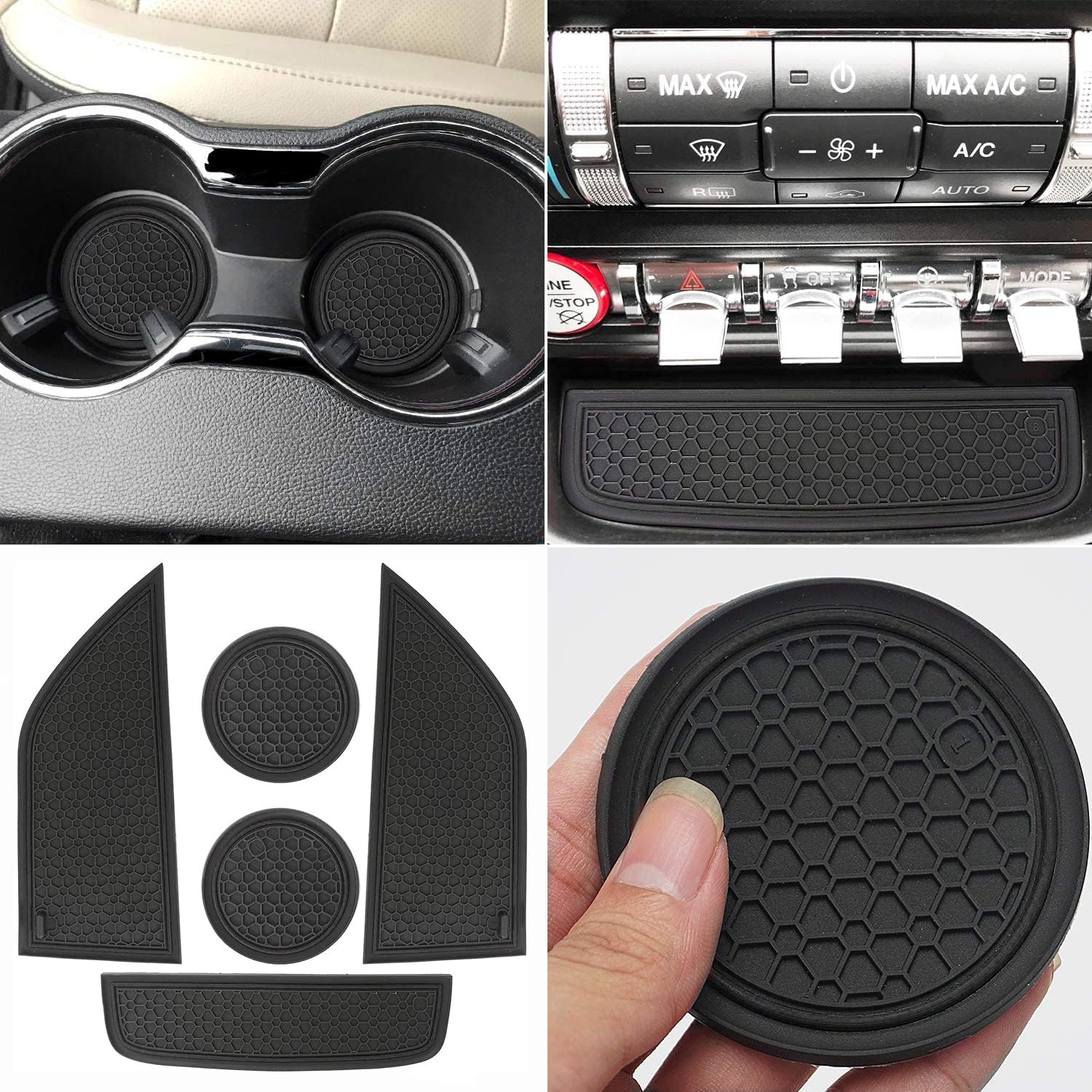 Auprite Non-Slip Mats for Mustang Accessories 2015-2023, Custom Fits Cup Holder Liners Mats Door Pocket Center Console Liners,5Pcs (Black)