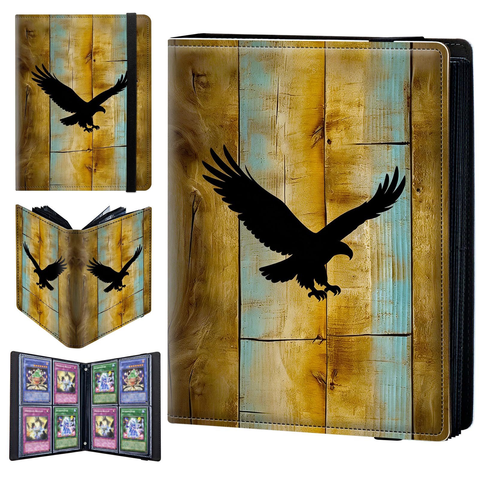 4 Pocket Trading Card Binder 400 Side Loading Pocket Album with Eagle on the Wood Pattern Design Card Binder for Sports Cards & Game Cards