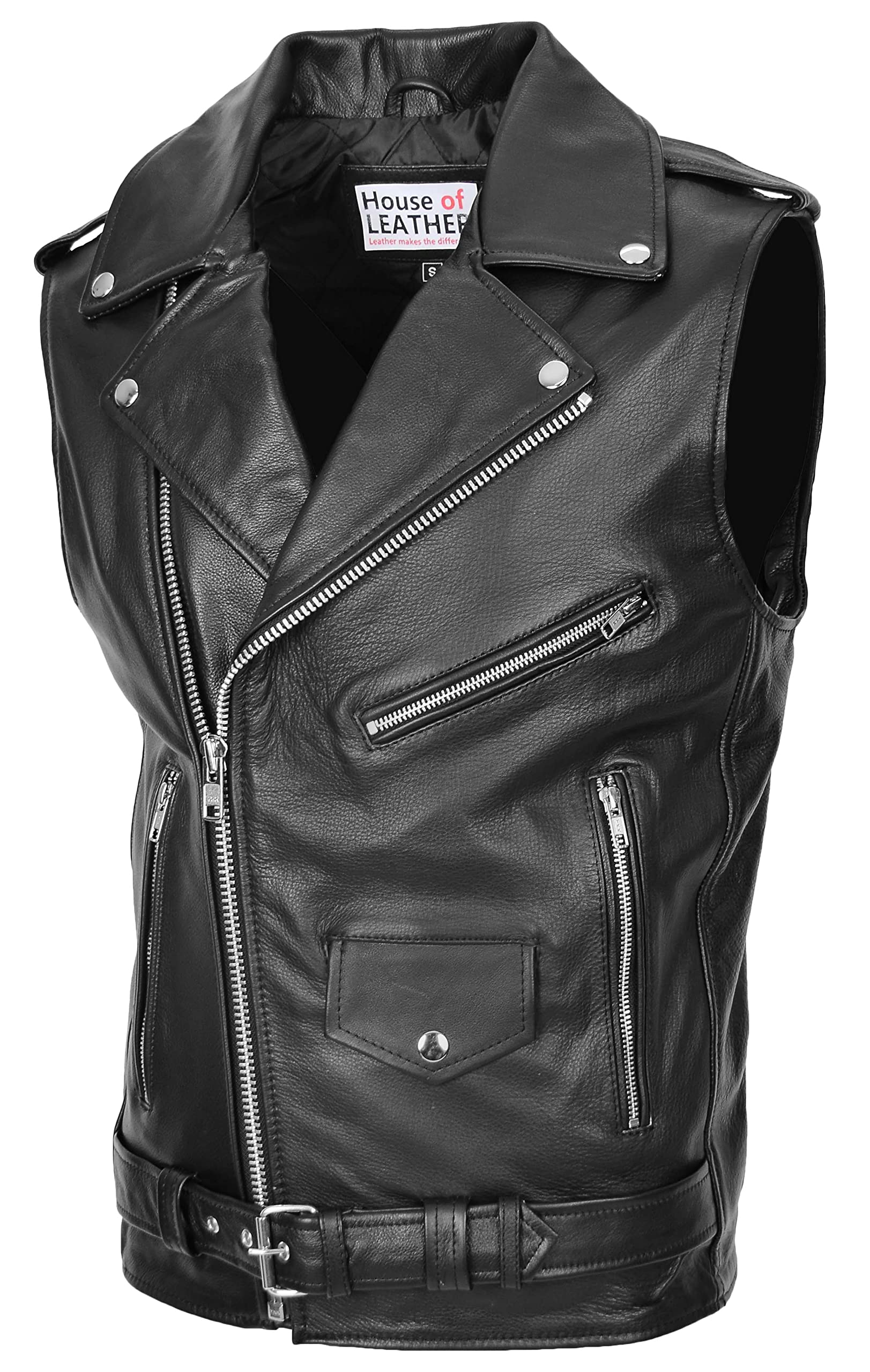House Of Leather Gilet de motard en cuir véritable pour homme Brando Style Vest Jones Noir