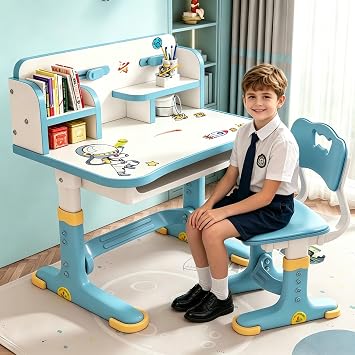 Kids Study Desk & Chair Set, Adjustable Height Widened Desktop with Cartoon Pattern, Compartment Organization Drawer, Anti-Tip Chair for Childrens Bedroom/School, Sturdy Study Table Set Blue