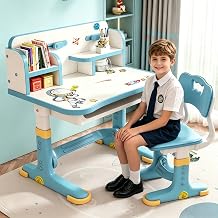 Kids Study Desk & Chair Set, Adjustable Height Widened Desktop with Cartoon Pattern, Compartment Organization Drawer, Anti-Tip Chair for Childrens Bedroom/School, Sturdy Study Table Set Blue