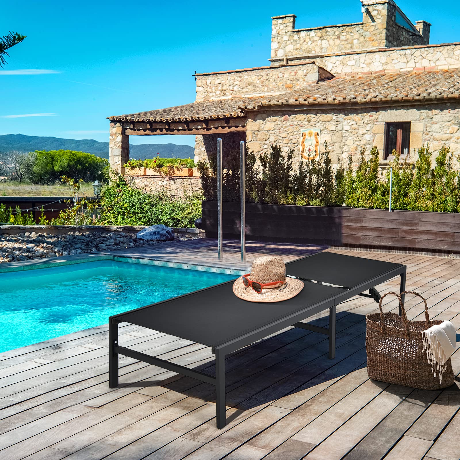 COSTWAY Sonnenliege, Liegestuhl mit 6-stufig Verstellbarer Rückenlehne, Atmungsaktiver Stoff, Gartenliege für Poolbereich, Strand, Terrasse (Schwarz)