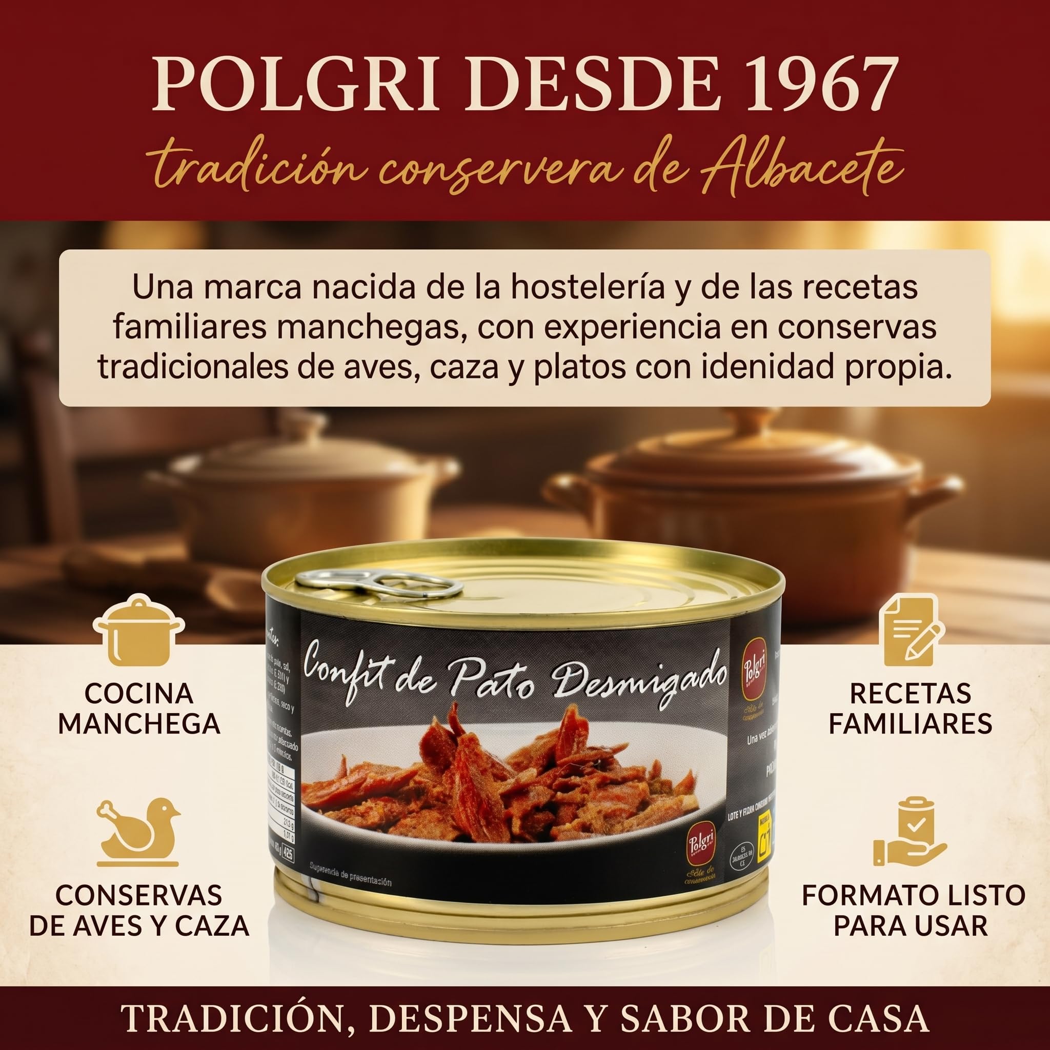 POLGRI Confit de Pato Desmigado Carne de Pato Desmigada Pulled Duck Lata 1350 g Conserva Gourmet Caza Receta Manchega Artesana Lista para Arroces Croquetas Empanadas Fideua Relleno Tradicional