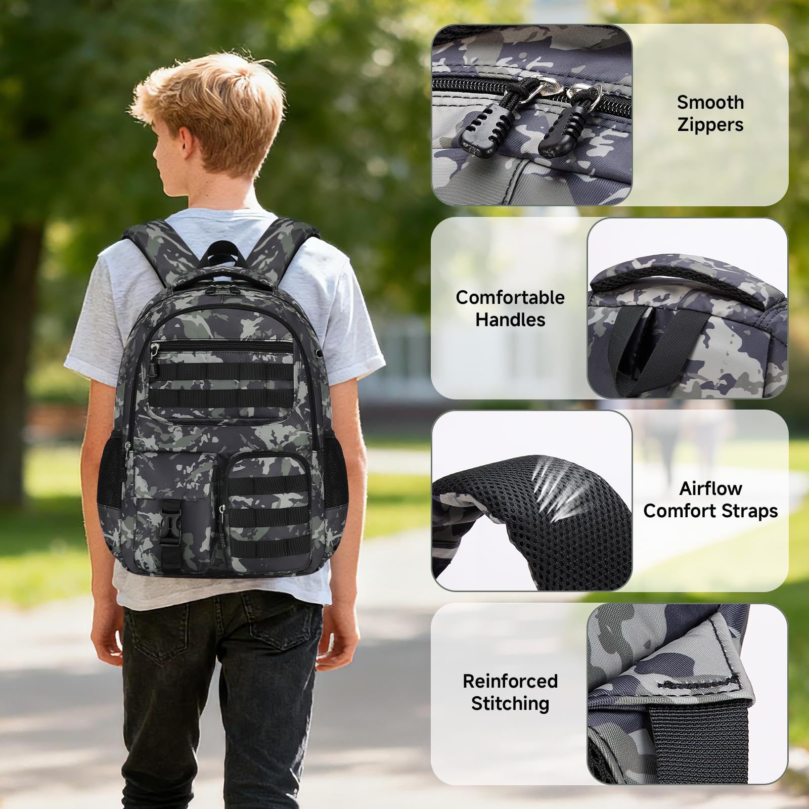 Amythe Mochila Escolar Niño Adolescente Camuflaje, Mochila para Niños con Tira Reflectante 8 a 15 Años, Mochilas Escolares Grande Impermeable e Ligera, Verde Intenso