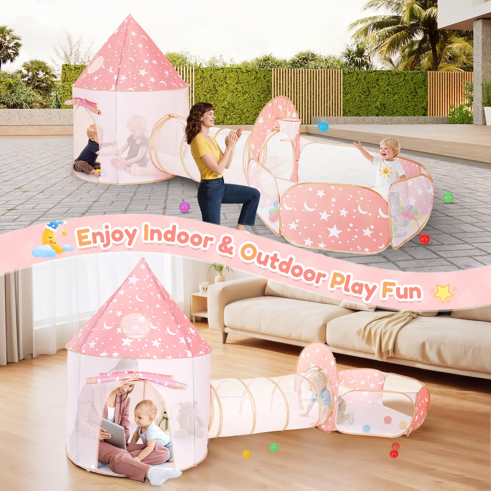 Tente de Jeu 3 en 1 pour Enfants avec Tunnel et Piscine à balles, maisonnette de Jeu château escamotable pour intérieur et extérieur, Vide sanitaire Pliable avec Panier de Basket