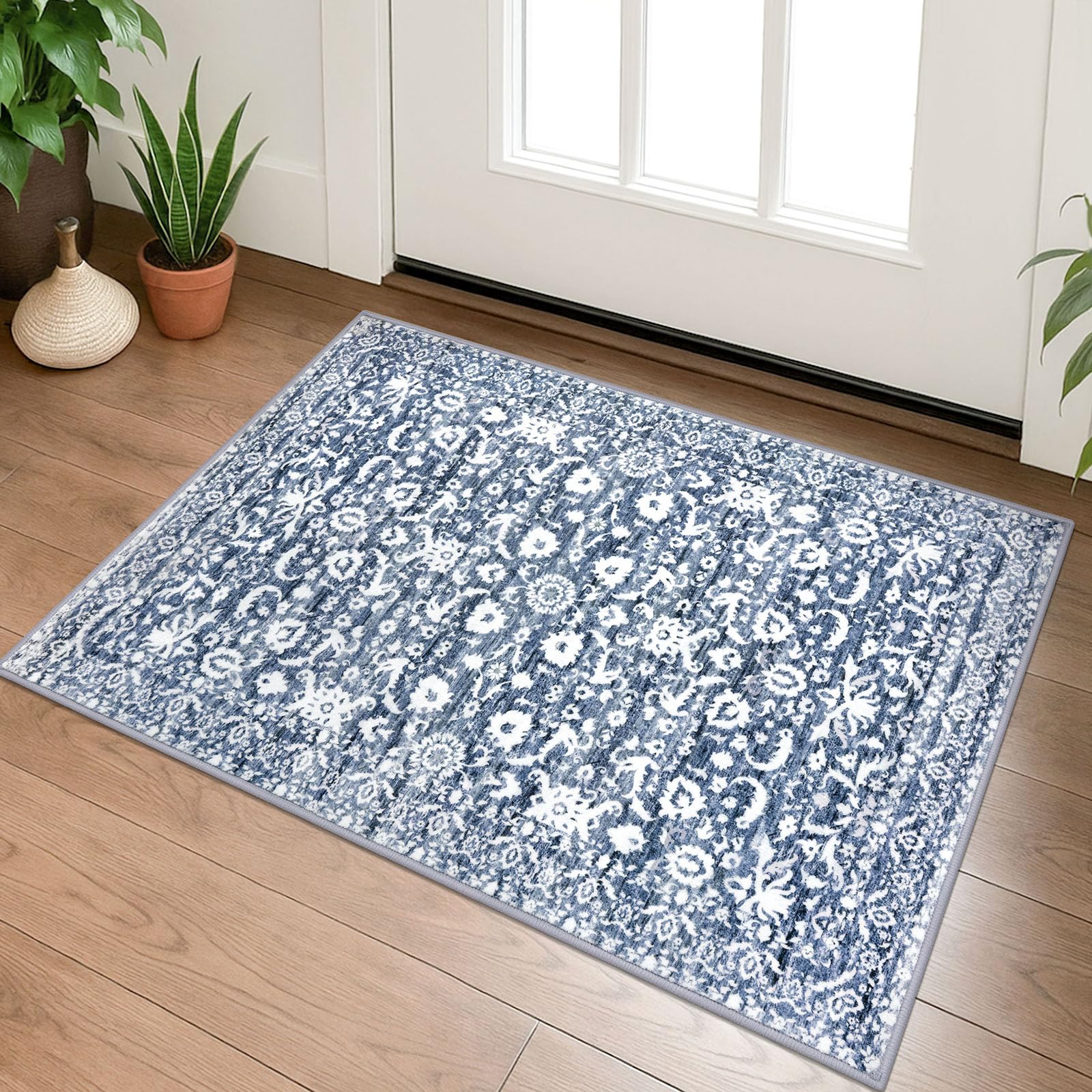 Lansny Vintage Entryway Rug 2x3 Washable, Light Blue White Kitchen Rug, Super Soft Thin Faux Wool Small Area Rug, Non-Slip Accent Mat for Foyer,
