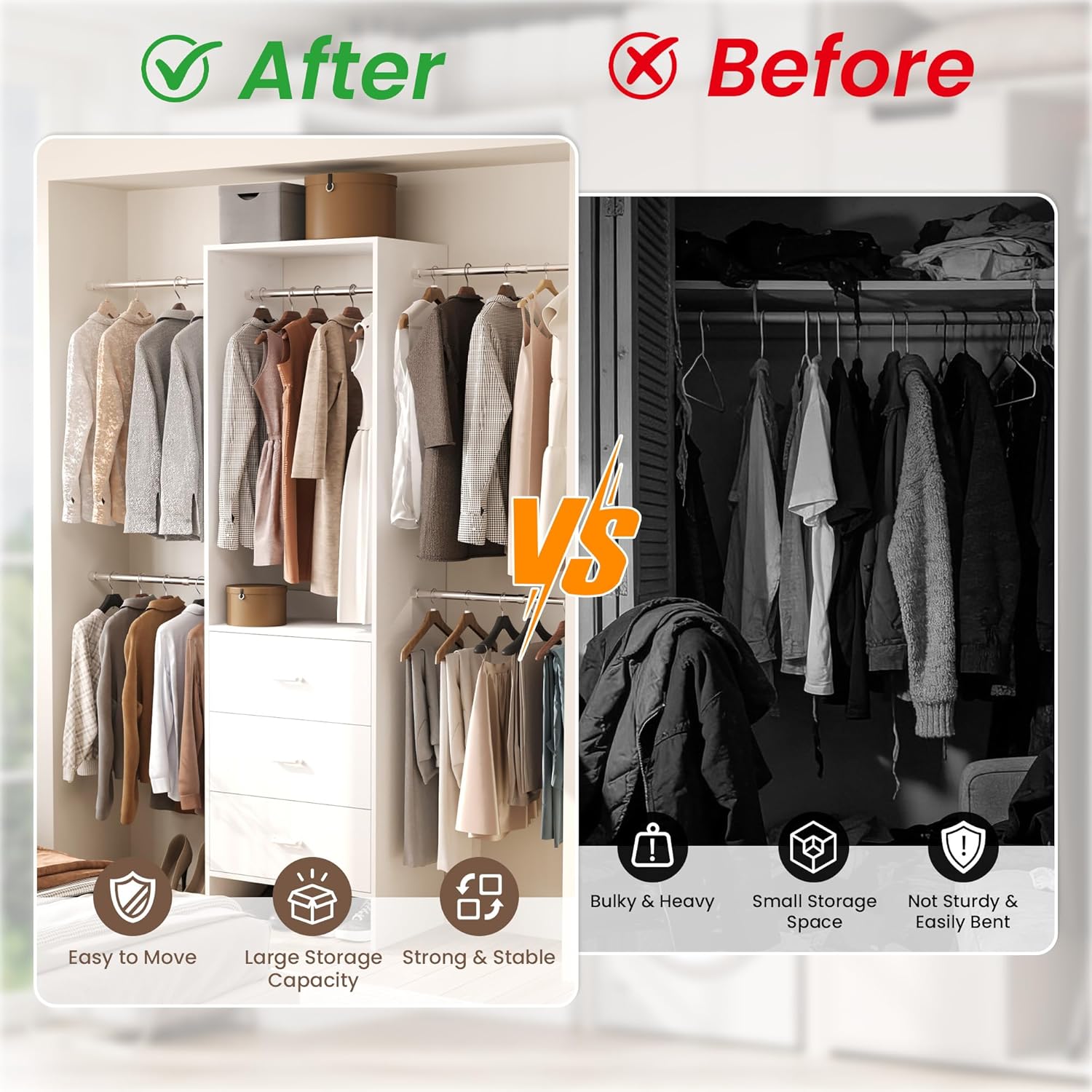 HOMPUS Closet Organizer System with 3 Drawers, 80'' Closet Organizers and Storage, 4-9Ft Adjustable Wall-Mounted Wardrobe System, Walk-in Wardrobe Closet Rack with 4 Hanging Rods for Bedroom, White