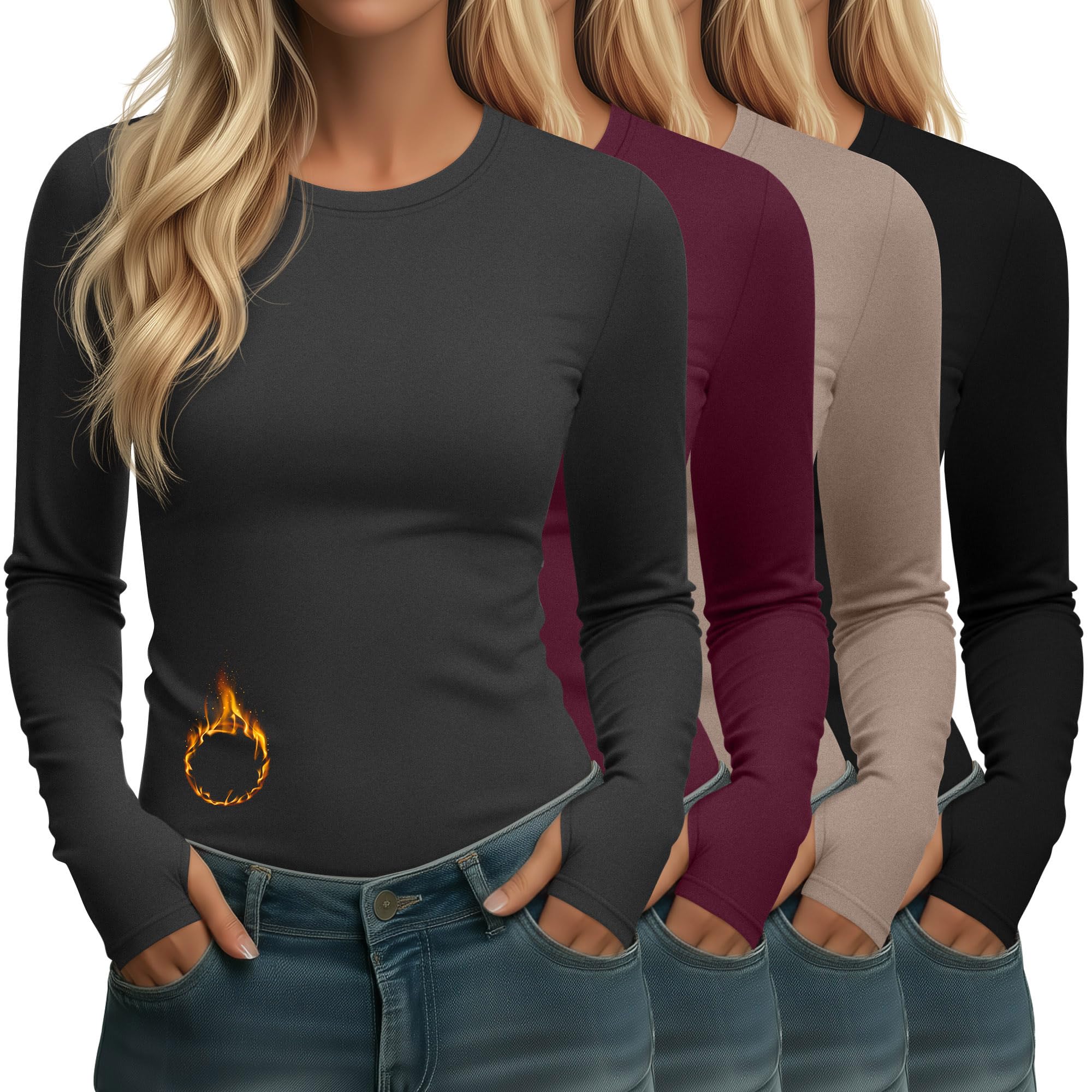 Neer 4 Pack Women's Thermal Fleece Lined Shirts Warm Base Layer
