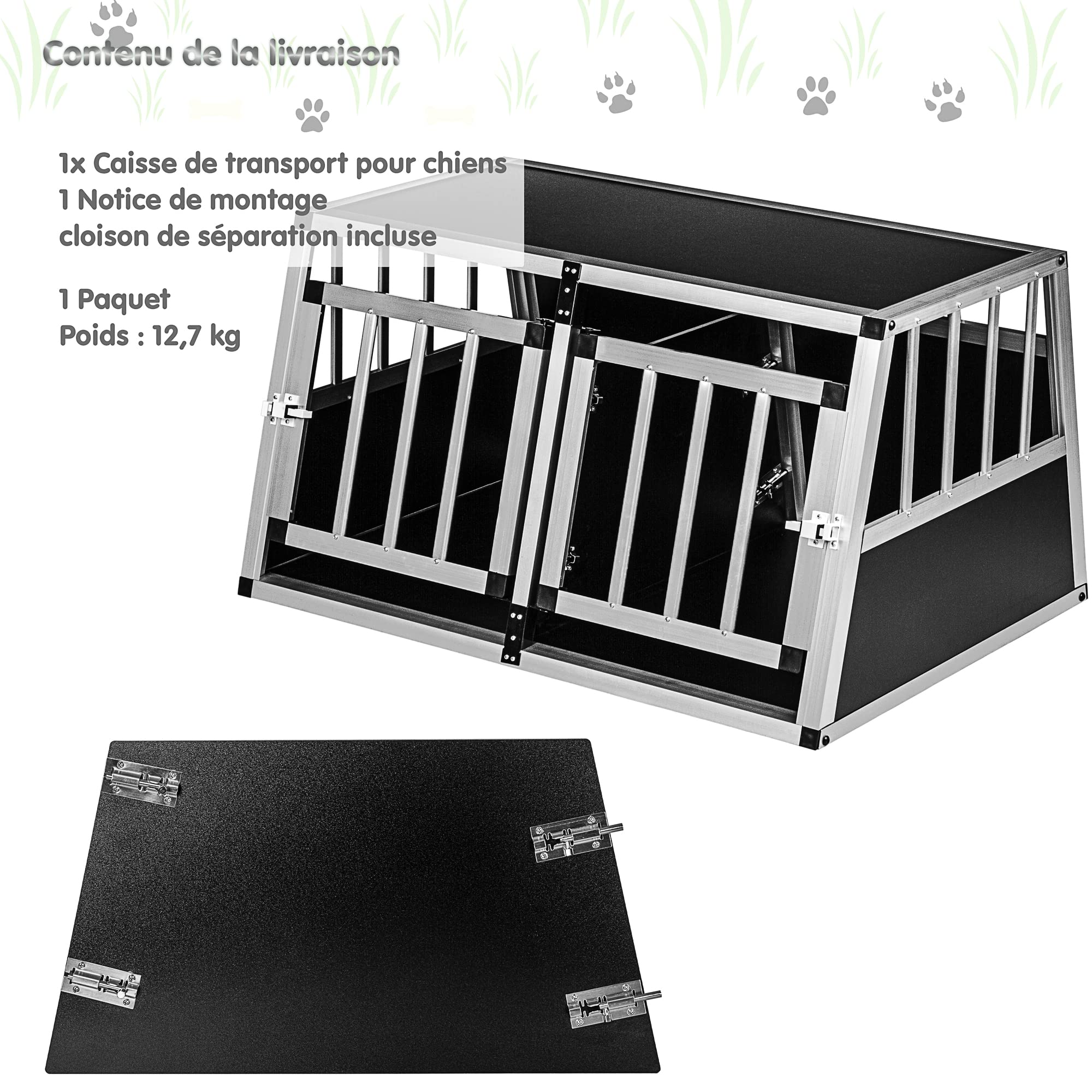 Caisse de Transport pour Chien Avant inclinée et paroi arrière 75° - Choix des Dimensions, Deux Portes, paroi de séparation