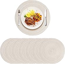 Placemats, Round Placemats Set of 8 for Dining Table, 15 Inch Round Braided Table Placemat Woven Washable Anti-Slid Cotton Kitchen Place Mats, Easy to Care（Ivory, 8Pcs）