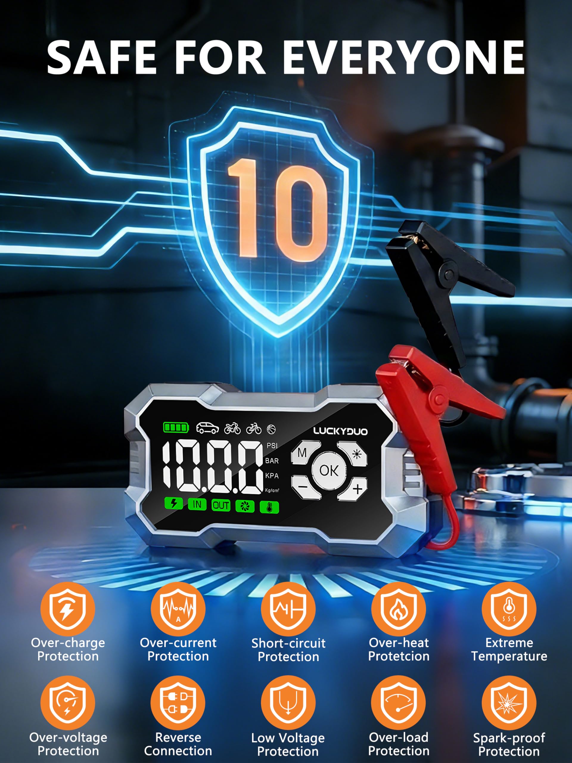 LUCKYDUO Arrancador 8000A con Compresor 160PSI, 20000mAh | Arrancador 2-en-1 con compresor 160PSI, 8000A, 4 modos, pantalla LED, 20000mAh, linterna LED 4 modos, kit completo