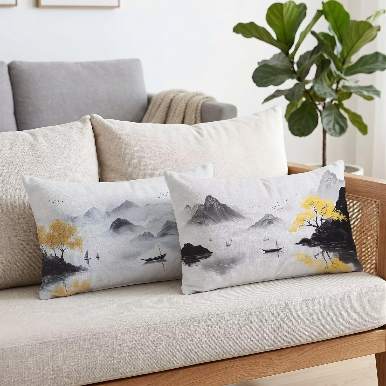 Paysage Taies d'oreiller 70 x 90 Housse Coussin Velours Lot de 2, Taie Oreiller Gris Housse de Coussin Impermeable pour Salon Lit Jardin, Douce Respirante avec Fermeture Éclair Invisible S6-681