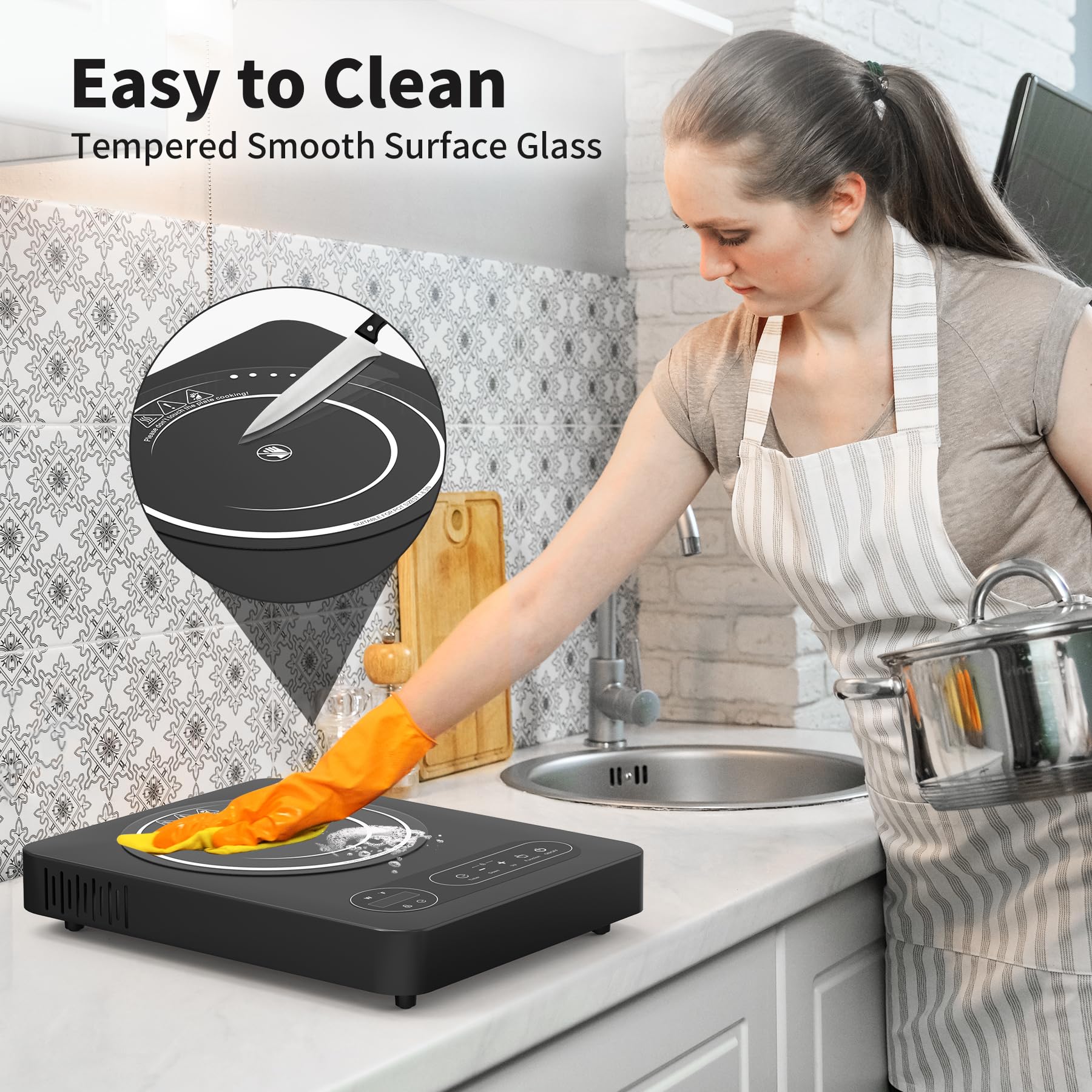 Cocina eléctrica de un solo quemador, estufa eléctrica de 110 V 1800 W con control táctil LED, 10 niveles de potencia, 4 horas, bloqueo de seguridad, cocina portátil, protección contra 8