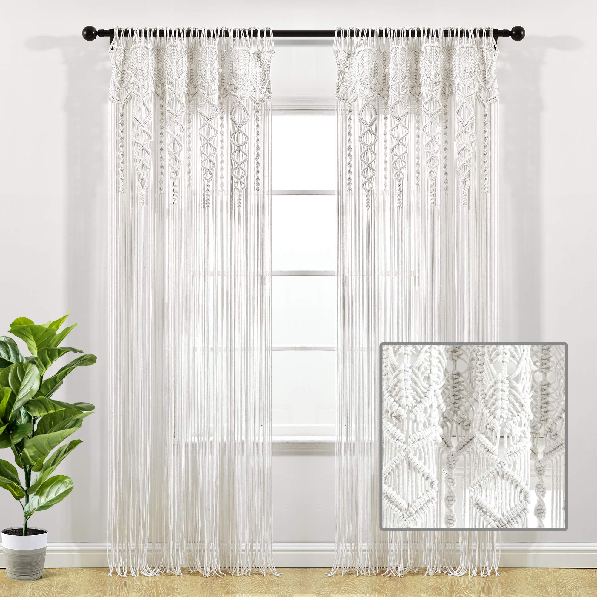 Lush Decor Rideau de fenêtre bohème en Coton texturé en macramé, 213,4 cm (L) x 101,6 cm (l) - Blanc
