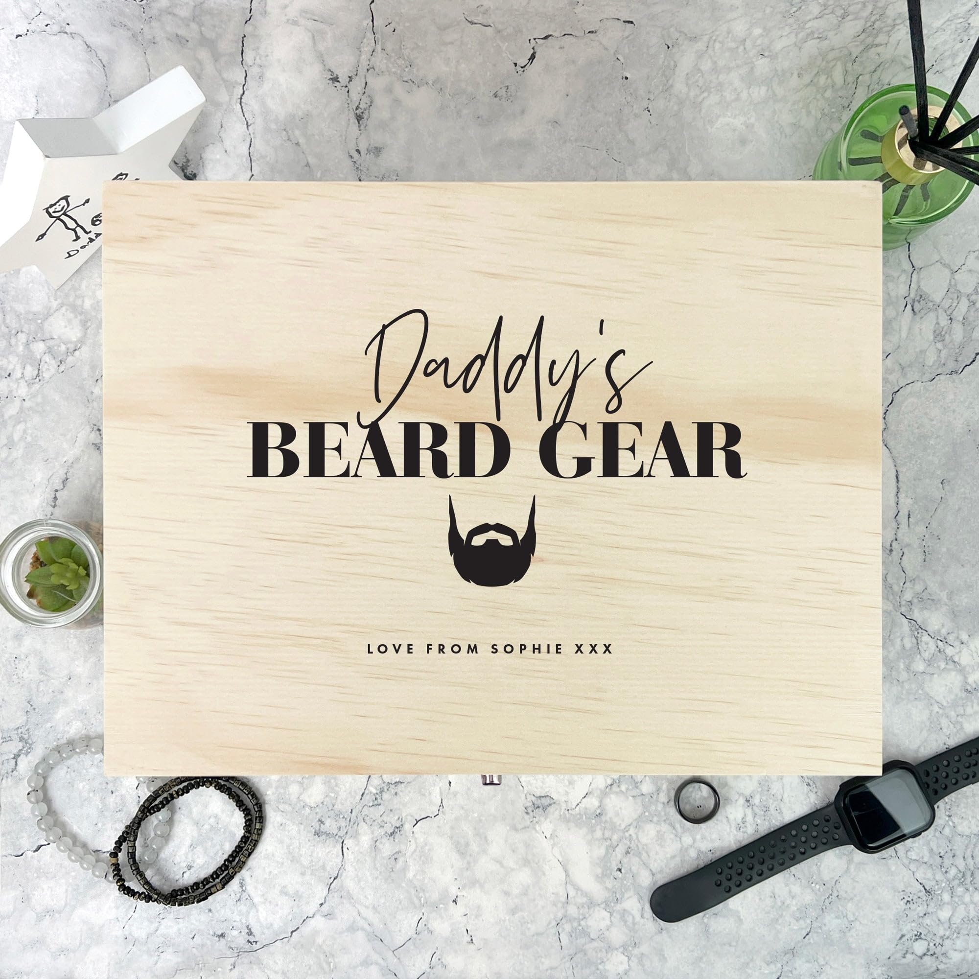 Caja de recuerdos de madera de pino personalizada para barba, regalo del día del padre, caja de recuerdos de madera personalizada, añade tu propio texto, bisagras y cierre de metal, 26 cm de ancho x