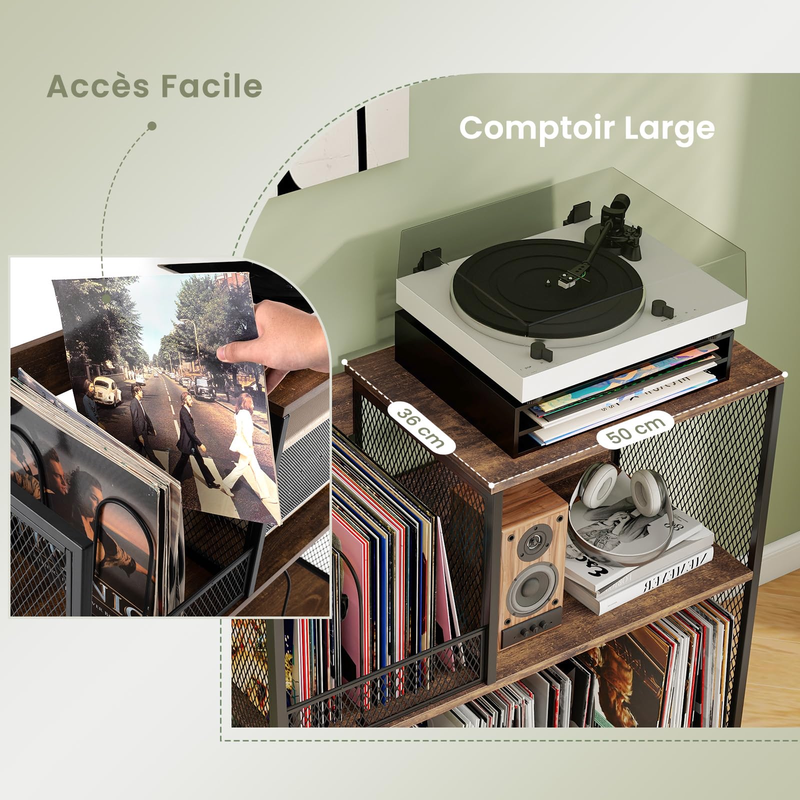 GOPLUS Meuble Platine Vinyle 3 Niveaux pour 300 Albums, 83 x 36 x 76,5 CM, Support de Tourne-disques avec3 Séparateur Amovible et Structure Métallique, Étagère Rangement pour Vinyle pour Salon, Studio