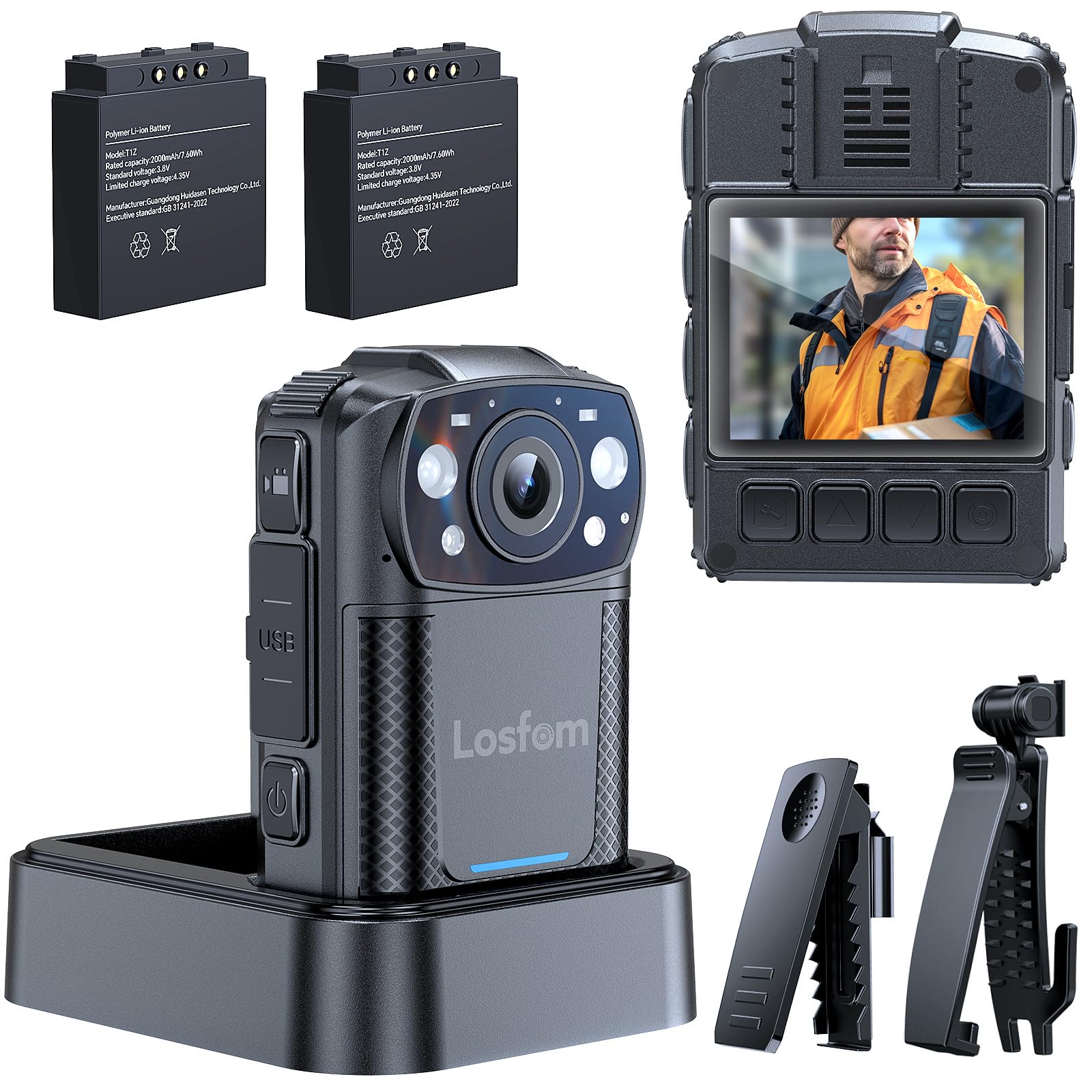 Losfom WD11 Body Camera on charging base with a spare battery