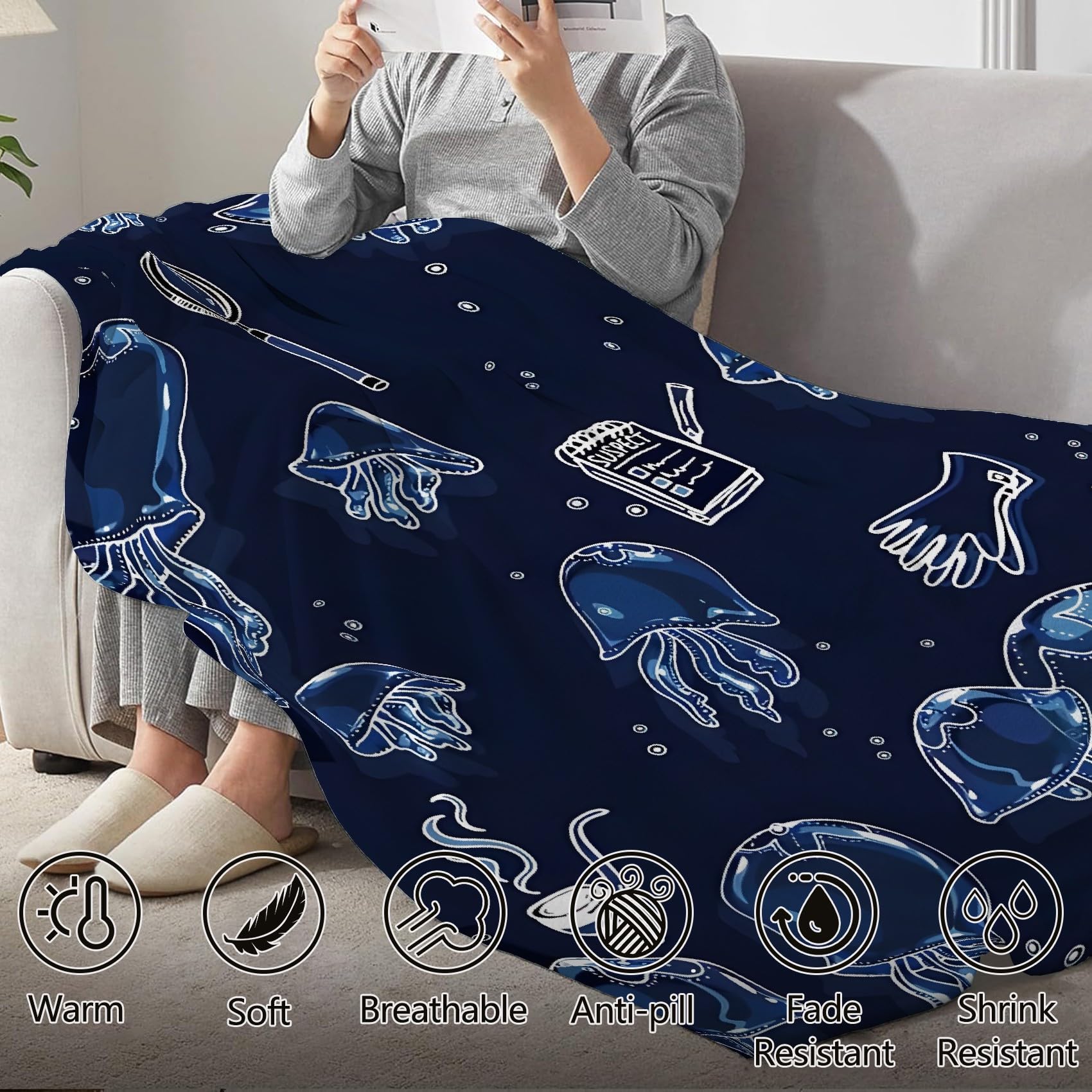 Qualle Przytulny koc, w stylu detektywistycznym, koc polarowy z mikrofibry, przytulny, nadaje się do salonu i sypialni, dekoracja domu, 220 x 240 cm