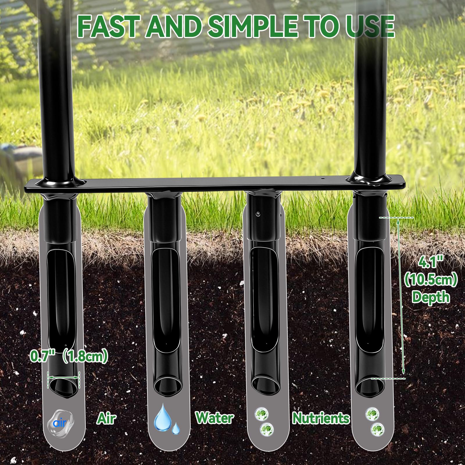 CDIYTOOL Aireador de césped, aireador de césped de jardinería para cuidado del césped y suelo compactado, 4 puntas, resistente, mango largo, tapón manual de suelo de jardín con herramienta de limpieza