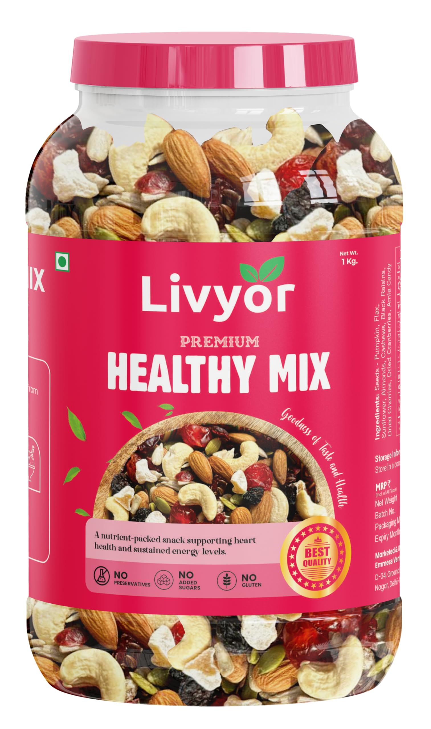 LIVYOR Healthy Mix Nuts, Seeds And Berries Combo Pack - 1Kg| Mix Dry Fruits| Trail Mix| Cashews & Almonds| Black Raisins| Pumpkin| Sunflower & Flax| Cranberries| Cherries & Dried Amla| (Pack Of 1)