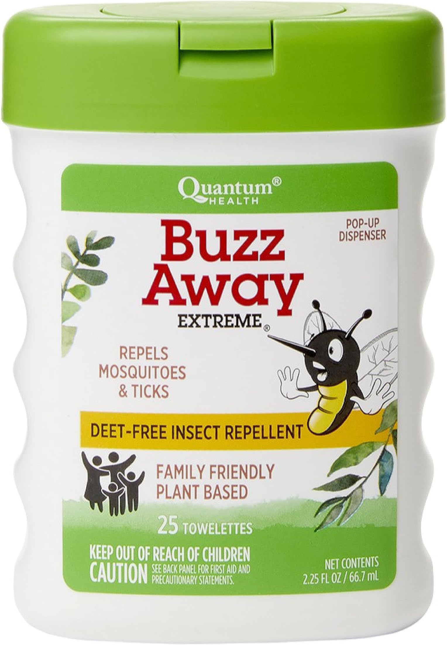 Quantum Health Buzz Away Extreme Towelettes - DEET-free Insect Repellent Wipes, Essential Oils - Pop Up Dispenser, Small Children and Up, 25 Count