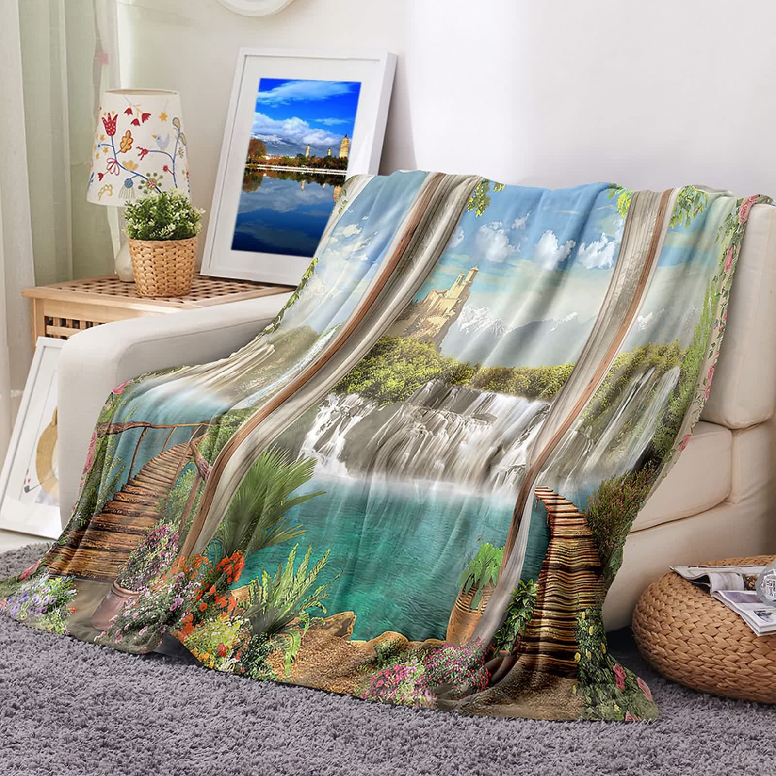Plaid couverture polaire flannel chaude 100x150cm KnSam jeté de canapé motif pont en bois nature
