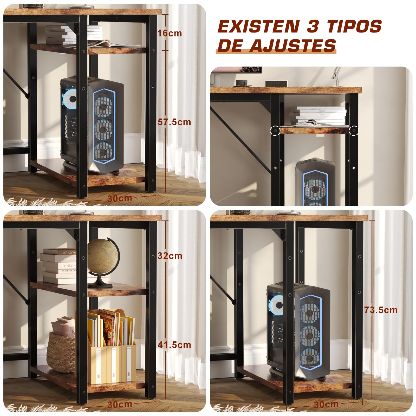 JUMMICO Escritorio con 2 estantes Ajustables de 120 cm, Escritorio de Ordenador con Almacenamiento, Estructura de Acero sólido, Estaciones de Trabajo Reversibles a Izquierda y Derecha, Marrón