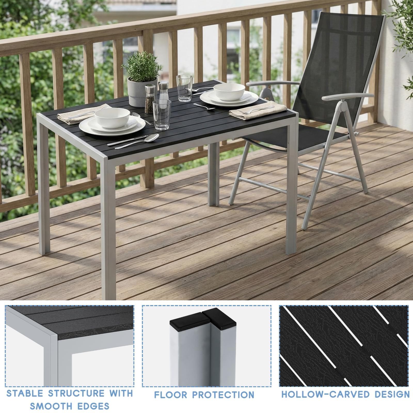 LIFERUN 5-Teiliges Gartenmöbel Set, Aluminium Balkonmöbel Set, 4pcs Verstellbare Hochlehner Klappstühle +110x70cm WPC Wetterfest Rechteckiger Terrassentisch,Essgruppe Sitzgruppe Outdoor, Silber Grau