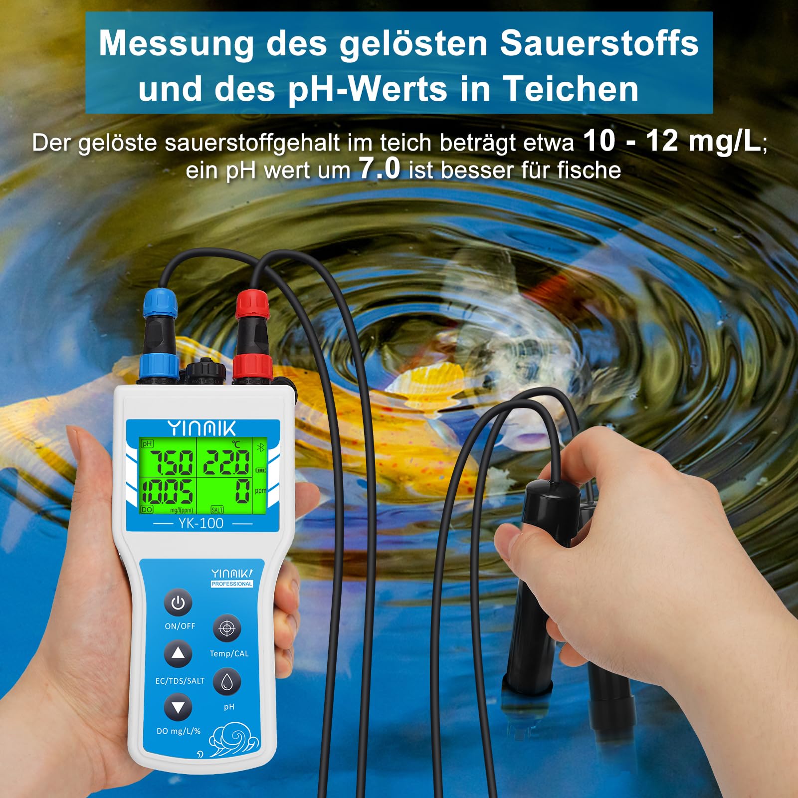 Tragbares Messgerät für gelösten Sauerstoff, intelligentes DO Messgerät mit Salzgehalt und Höhenkompensation, tragbarer 6-in-1-pH-DO-SALZ-EC-TDS-Tester für Koiteiche, Aquakultur-Umweltmonitor, wissen