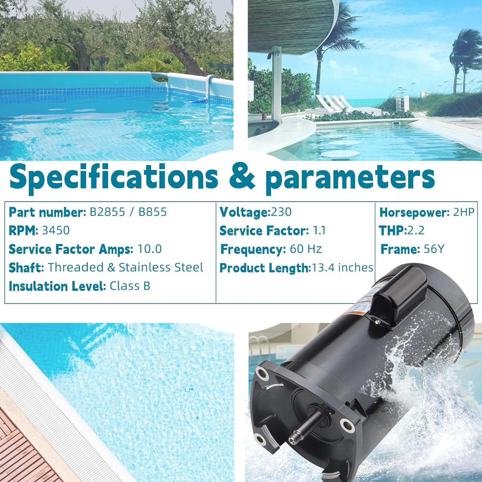 Amazon.com: B2855 2855 Pool Pump Motor 230V 3450 RPW 2 HP 10AMPS
