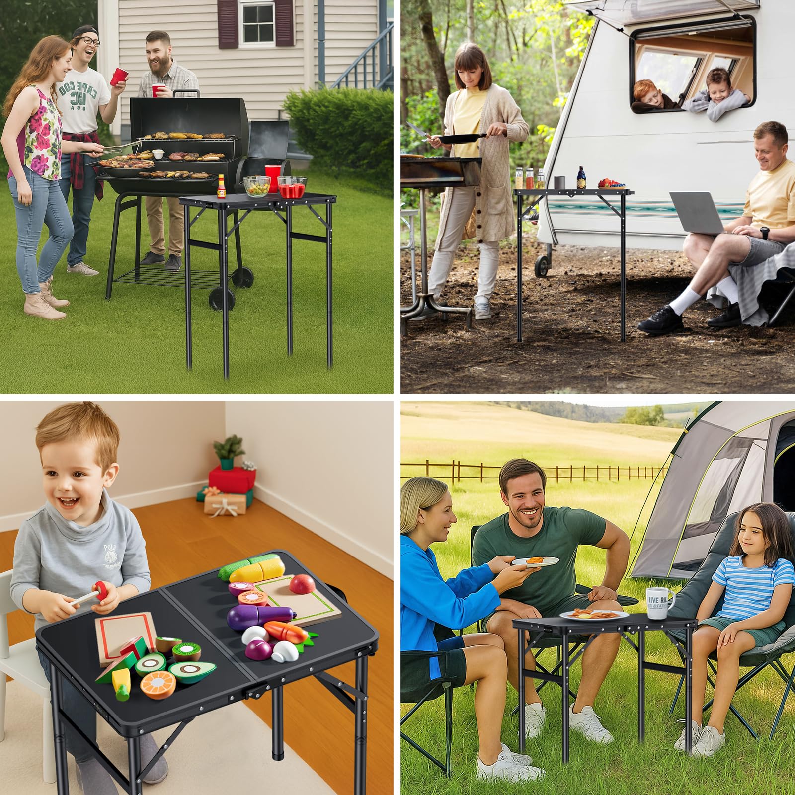 JiGiU Table de Camping Pliante 60x40cm avec 3 Hauteurs Réglables, Noir | Table de Pique-Nique Supportant 30kg, Portable et Légère, en Aluminium et MDF pour Extérieur et Intérieur, Jardin, Plage
