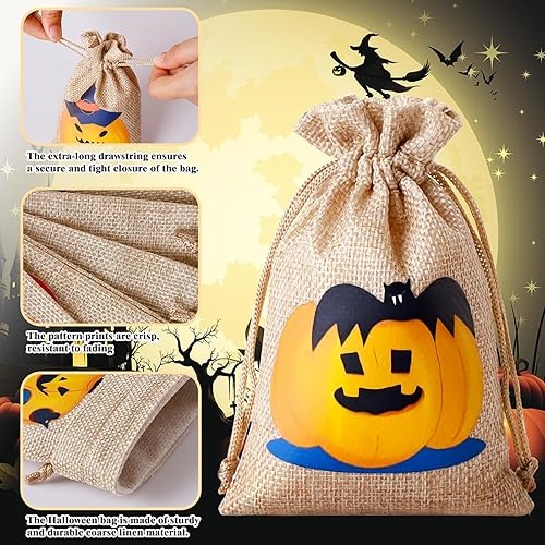 Miniatura 2 de WenTao Bolsas de regalo de arpillera de Halloween con cordones, 24 bolsas de dulces de Halloween con diferentes diseños