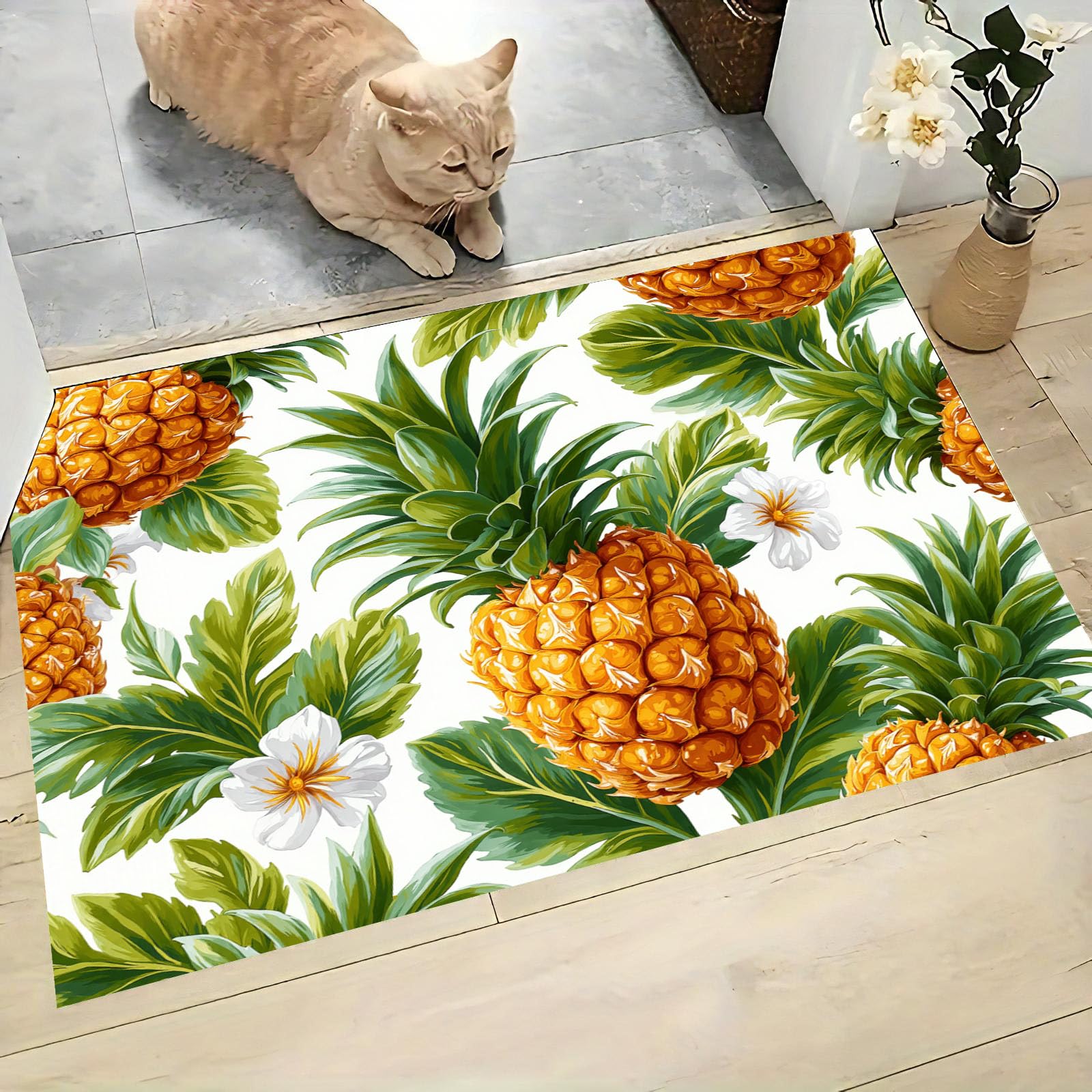 Paillasson de intérieur Antidérapant, Tapis de Tropical Charme, Tapis Salle de Bain Flanelle Douce, Absorbant l'eau, pour Cuisine (Ananas Plantes Et Fleurs, 80x120cm