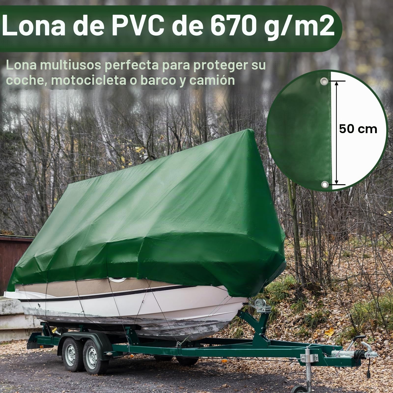 Lona de 670 g/m² para Camiones con Ojales, Lona de PVC, Impermeable, Resistente a desgarros, Bordes Reforzados, Lona de protección para Camiones, Coches, remolques, Piscinas, Trabajos