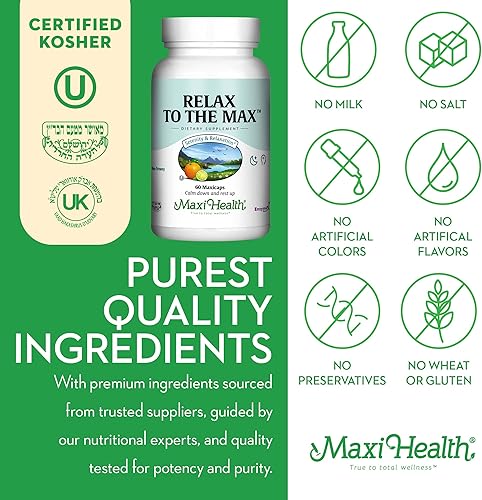 Miniatura 6 de Maxi Health - Relax to The Max Stress Relief Formula (60 unidades) Cápsulas con vitamina C, calcio, L-teanina, L-taurina y aminoácidos - Todos los