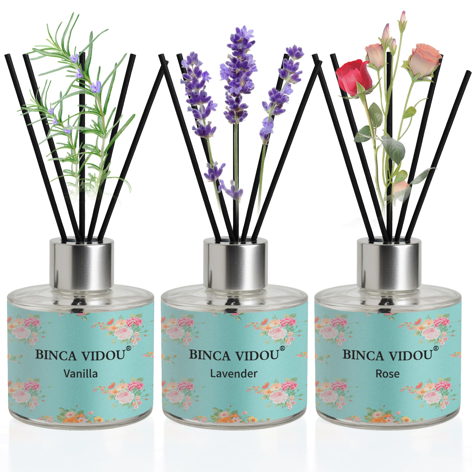 Binca Vidou Reed Diffuser Set of 3, Lavender, Rose, Vanilla Aromatherapy Oil Diffusers for Bedroom, Living Room, Office, Gift & Stress Relief, 50ml x 3