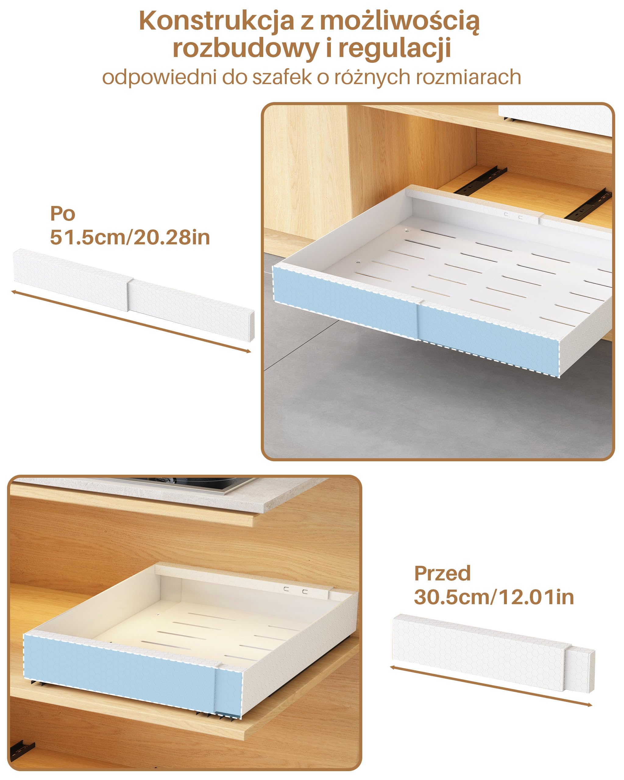 UMDONX Teleskopowa Szuflada Rozsuwana, 6 szt., Biały | Szerokość regulowana od 31,5 do 51,5 cm, Głębokość 42 cm